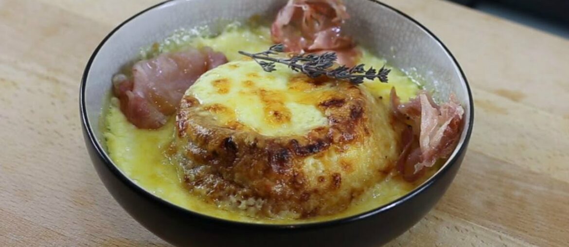 Twice Cooked Comte Cheese Souffle with Pancetta & Thym Sauce