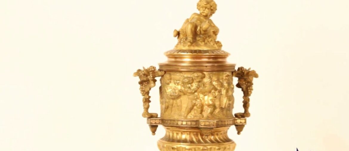 Antique French Pair Gilt Bronze Lidded Urns