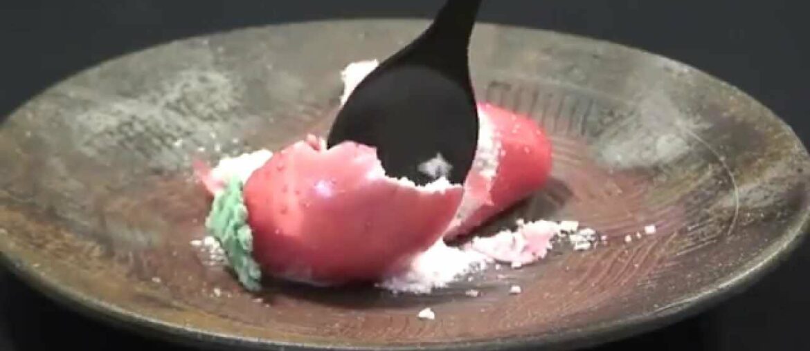 Molecular gastronomy: Powdered Ice Cream inside Candy Strawberry