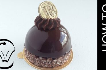 Shiny Mirror Glaze Mousse Dome with Crispy Chocolate Base and Ganache Topping