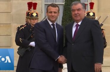 Macron Welcomes Rahmon at Elysee Palace in Paris