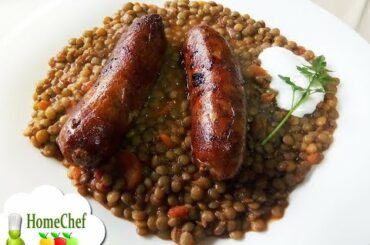 Super tasty! French green lentils recipe with fried sausages - how to cook French green lentils stew
