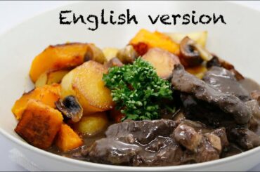 Beef cheek marinated in red wine, vacuum cooked at low temperature sous vide