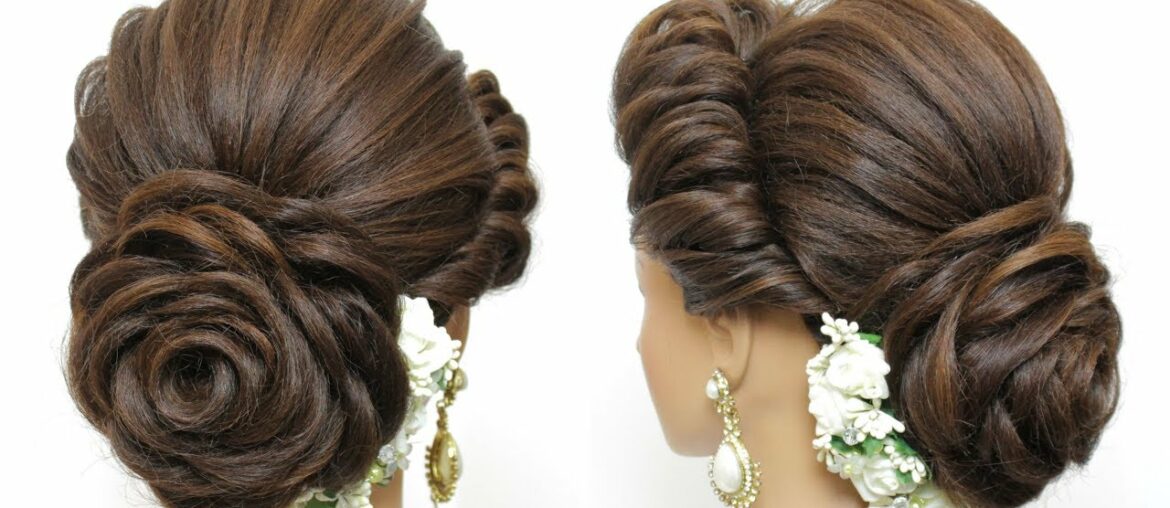 New Bridal Hairstyle With Flower Bun For Long Hair. Wedding Updo New Bridal Hairstyle With Flower Bun For Long Hair. Wedding Updo