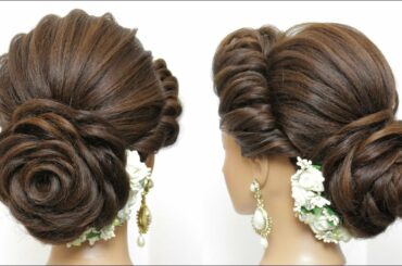 New Bridal Hairstyle With Flower Bun For Long Hair.  Wedding Updo