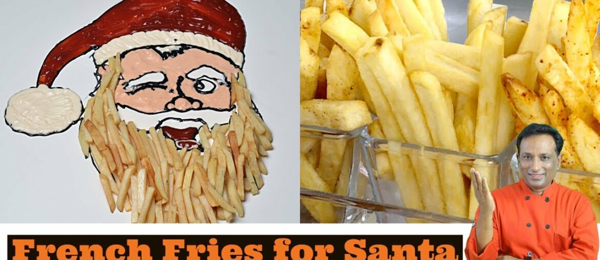 French Fries, Potato Fries with Tomato Ketchup and Sauce into Santa Claus - Christmas decoration