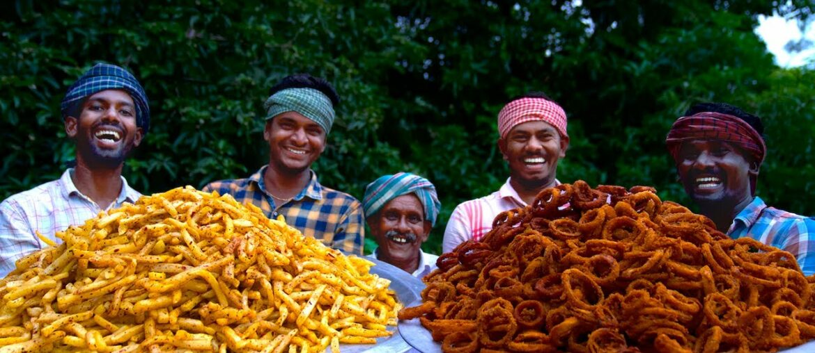 FRENCH FRIES & ONION RINGS | Crispy American Snack Recipes Cooking in Village | Onion Potato Snacks
