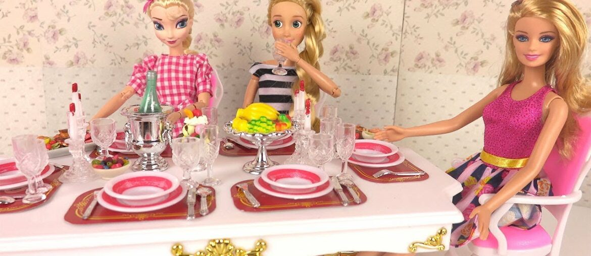 Barbie Elsa Rapunzel Dining Routine 🌸 Doll Dining Room Barbie Elsa Rapunzel Dining Routine 🌸 Doll Dining Room