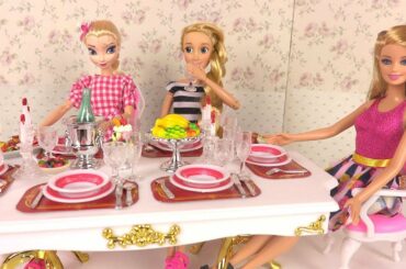 Barbie Elsa Rapunzel Dining Routine 🌸 Doll Dining Room