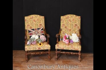 Pair French Antique Chairs   Hand Carved Walnut Farmhouse -  Canonbury Antiques