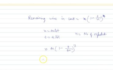 4 litres of wine is drawn from a cask containing 40 litres of wine. It is replaced by water. Th...
