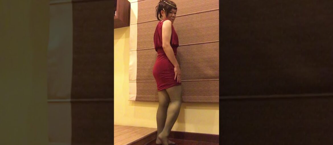 Crossdress red wine dress, pearl necklace, sheer black tights