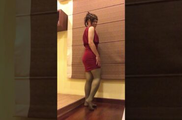 Crossdress red wine dress, pearl necklace, sheer black tights