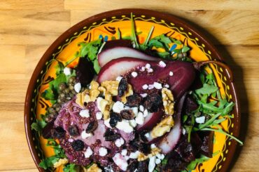 Poached Pear and Egg Salads with Red Wine