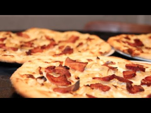 Tarte Flambée / Flammkuchen w. Bacon & Onions / French, Crispy Pizza-Like Tart – Recipe #104 Tarte Flambée / Flammkuchen w. Bacon & Onions / French, Crispy Pizza-Like Tart - Recipe #104