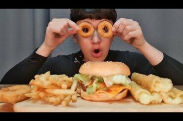 Hamburger, Long Cheese Sticks, French Fries, Squid Rings MUKBANG