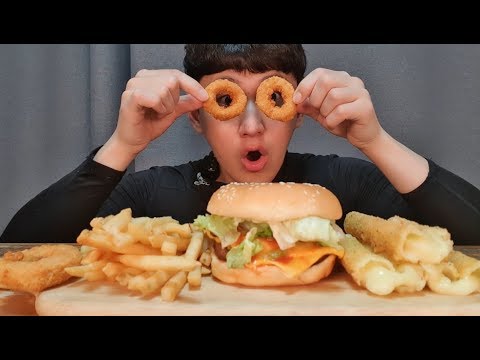 Hamburger, Long Cheese Sticks, French Fries, Squid Rings MUKBANG Hamburger, Long Cheese Sticks, French Fries, Squid Rings MUKBANG