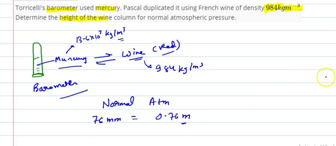Torricelli's barometer used mercury. Pascal duplicated it using French wine of density `984 kg … Torricelli's barometer used mercury. Pascal duplicated it using French wine of density `984 kg ...