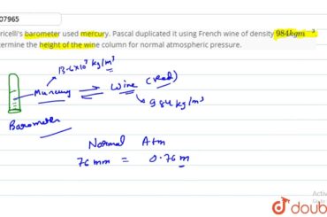 Torricelli's barometer used mercury. Pascal duplicated it using French wine of density `984 kg ...