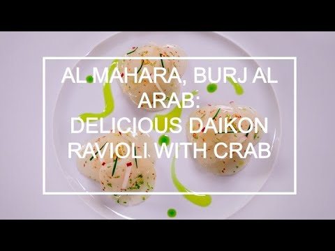 Dining in the Burj Al Arab Dubai: Daikon ravioli with crab at Al Mahara restaurant. Dining in the Burj Al Arab Dubai: Daikon ravioli with crab at Al Mahara restaurant.