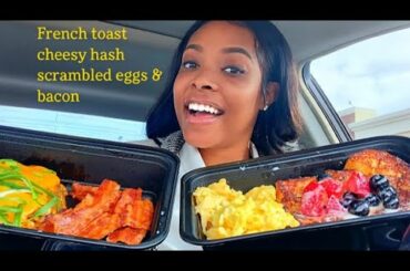 FRENCH TOAST, CHEESY HASH, SCRAMBLED EGGS & BACON