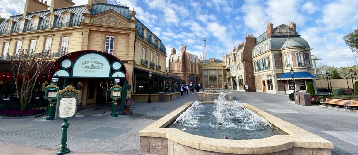 Epcot France Pavilion Early Morning Walk-Through Tour in World Showcase, Feb 2020, Walt Disney World