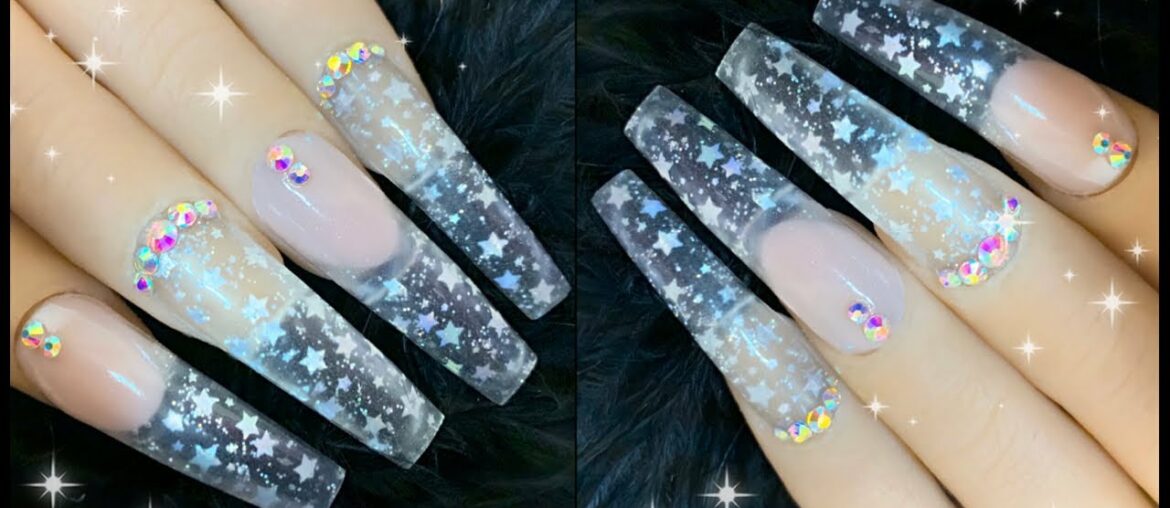 Encapsulated Holographic Star Foil Glitter Glass French Polygel Nail Design Encapsulated Holographic Star Foil Glitter Glass French Polygel Nail Design
