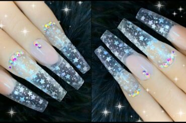 Encapsulated Holographic Star Foil Glitter Glass French Polygel Nail Design