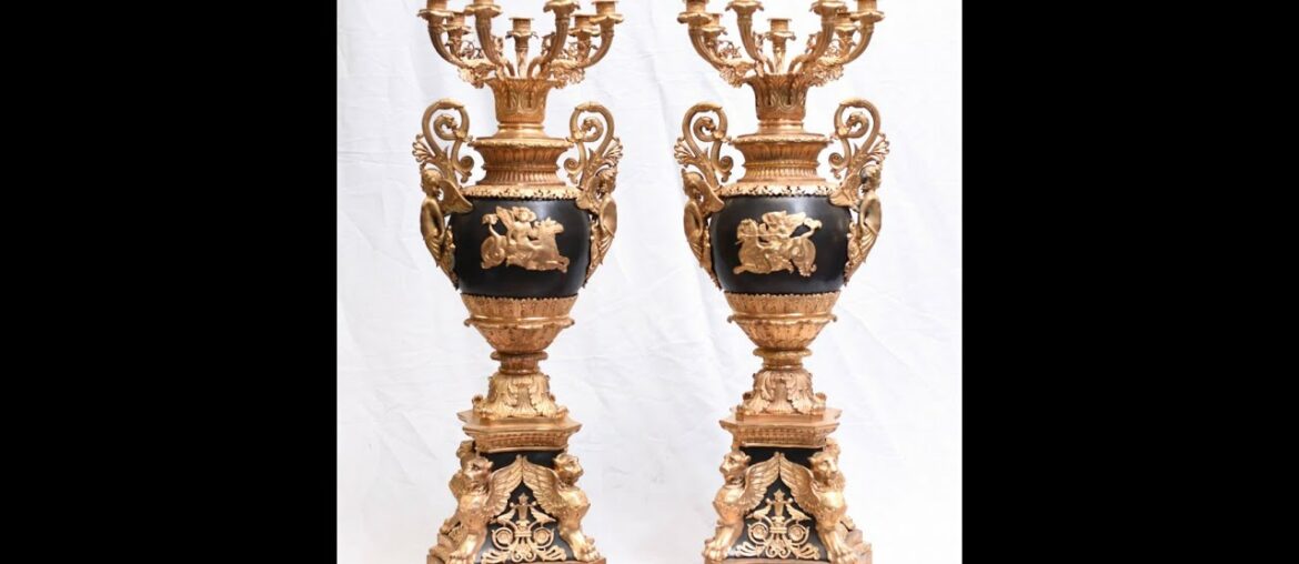 Pair French Candelabras - Empire Ormolu Urn Candles - Canonbury Antiques