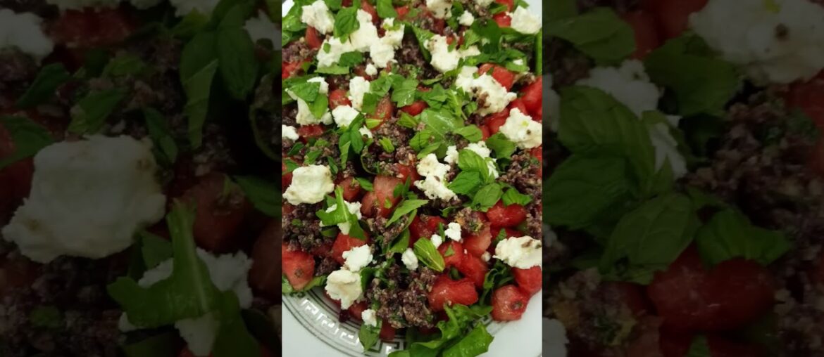 WATER MELON SALAD WITH ROCKET, CALAMATA OLIVE, FRENCH CHEESE.