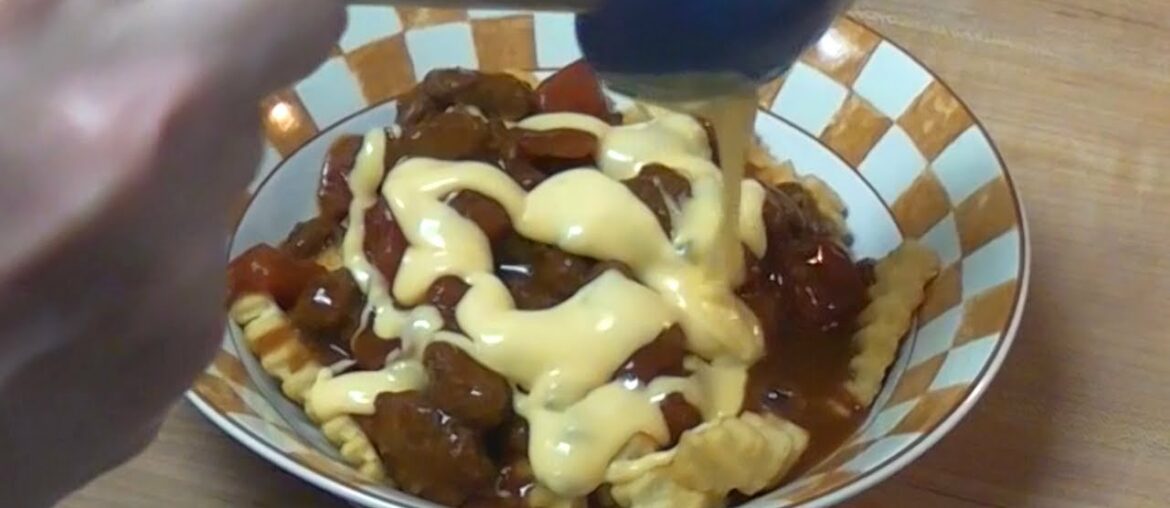 Great Value Chili, Ore-Ida Microwave Fries and Homemade Cheese Sauce