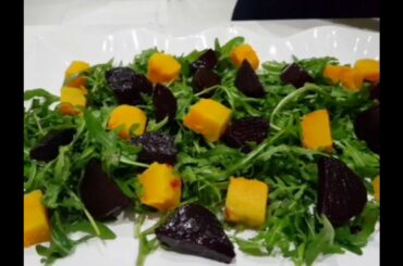 Making Rockets salad, Roasted beetroot, Squash, and a drizzle of balsamic reduction.