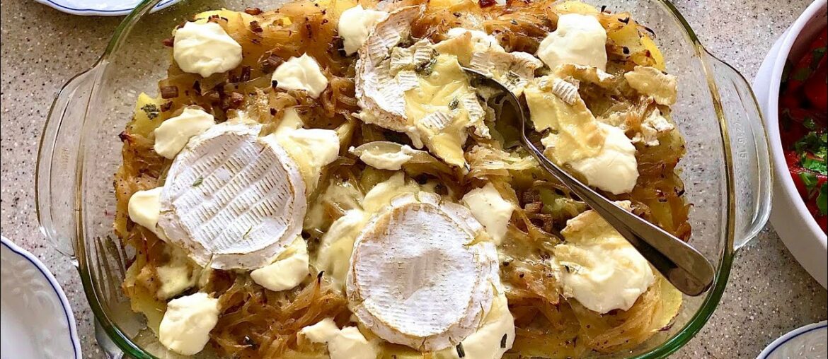 Tartiflette recipe from the French Alps. Potato, cheese, bacon casserole. Tartiflette recipe from the French Alps. Potato, cheese, bacon casserole.