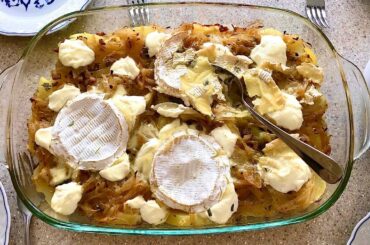 Tartiflette recipe from the French Alps. Potato, cheese, bacon casserole.