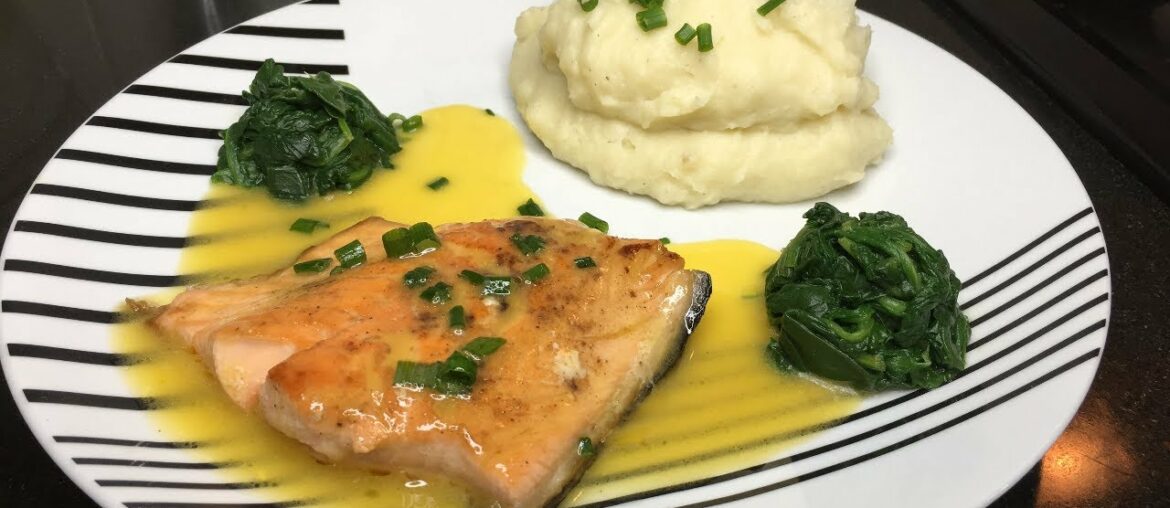 Salmon French Butter Sauce with mashed potatoes and spinach