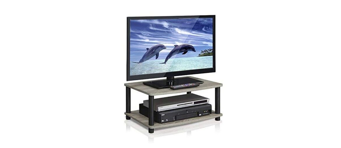 ▶️ FURINNO Turn-N-Tube No Tools 2-Tier Elevated TV Stand, French Oak Grey/Black
