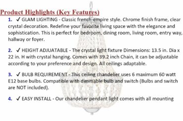 Hykolity 6-Light Crystal Pendant Chandelier Lighting, 13.5 inch Modern French Empire Ce... PKR Price