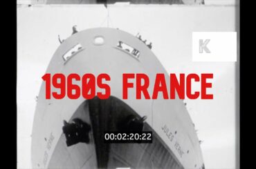 1960s France, Sea Launch of Jules Verne Ocean Liner, Champagne Bottle Thrown Against Hull, 16mm