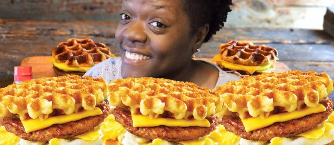 Breakfast Mukbang 먹방 | FaceBook Recipe: Eggo Waffle French Toast Egg And Sausage Sandwich