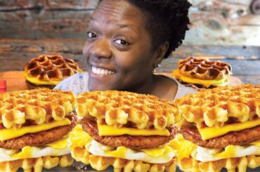 Breakfast Mukbang 먹방 | FaceBook Recipe: Eggo Waffle French Toast Egg And Sausage Sandwich