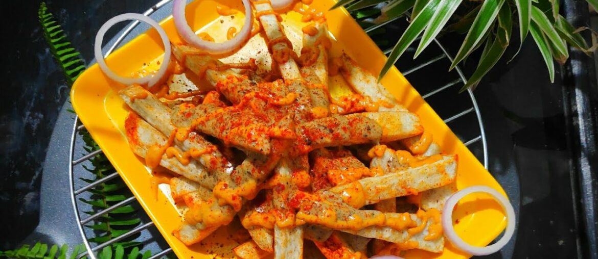 FRENCH FRIES RECIPE with CHEESY SAUCE--Crispy Taro Root French Fries/গুটি কচুৰ মচমচীয়া French Fries