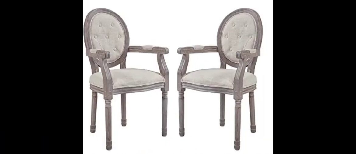 Modway Penchant French Vintage Upholstered Fabric Fully Assembled, Four Dining Armchairs, Beige