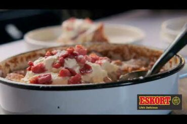 French Baked Caramel Croissants with crispy bacon and whipped vanilla cream