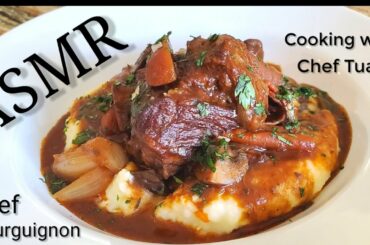 ASMR Beef Bourguignon (Cooking Only) Bacon, Mushrooms, Red Wine, Mashed Potatoes. Super Delicious.