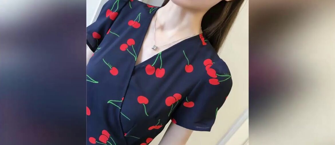 Plus Size Women Dress Cherry Print Short Sleeve Vintage French Dress V-neck Midi Dress Chiffon Summ
