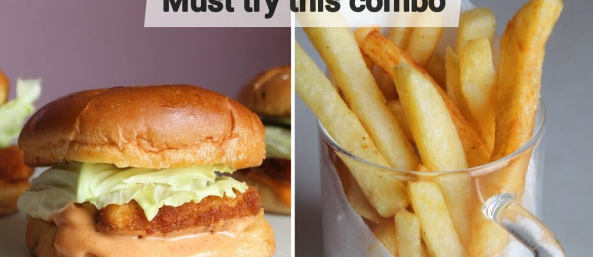 fried paneer burger & crispy french fries combo recipe | paneer buger | french fries recipe .. fried paneer burger & crispy french fries combo recipe | paneer buger | french fries recipe ..