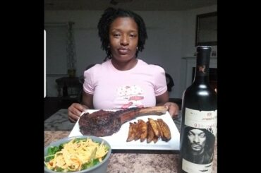 Cowboy ribeye, potato wedges, salad and 19 Crimes Cali Red!!