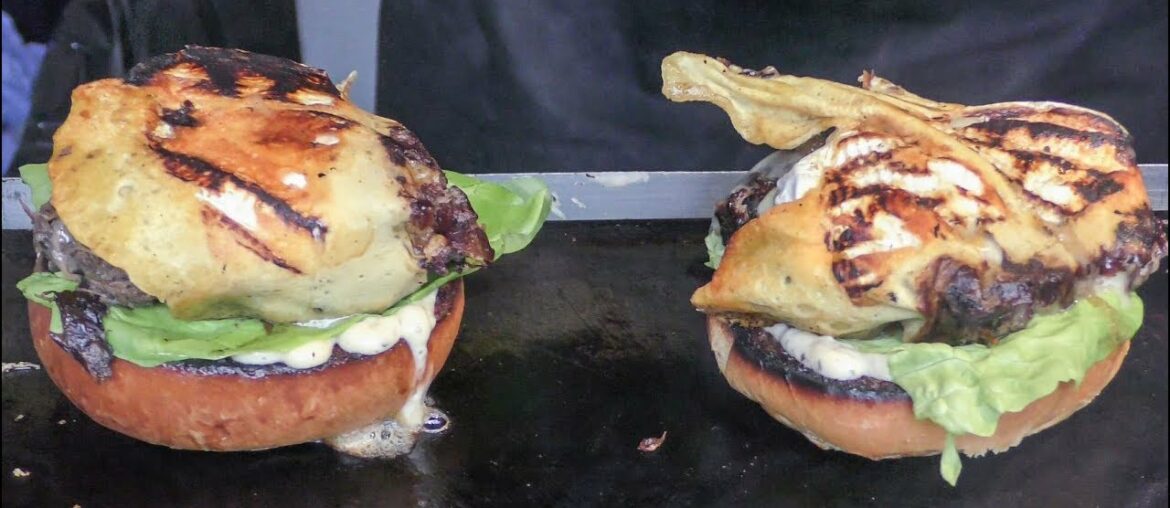 Gourmet Bourguignon Burgers with French Melted Cheese. London Camden Town. World Street Food