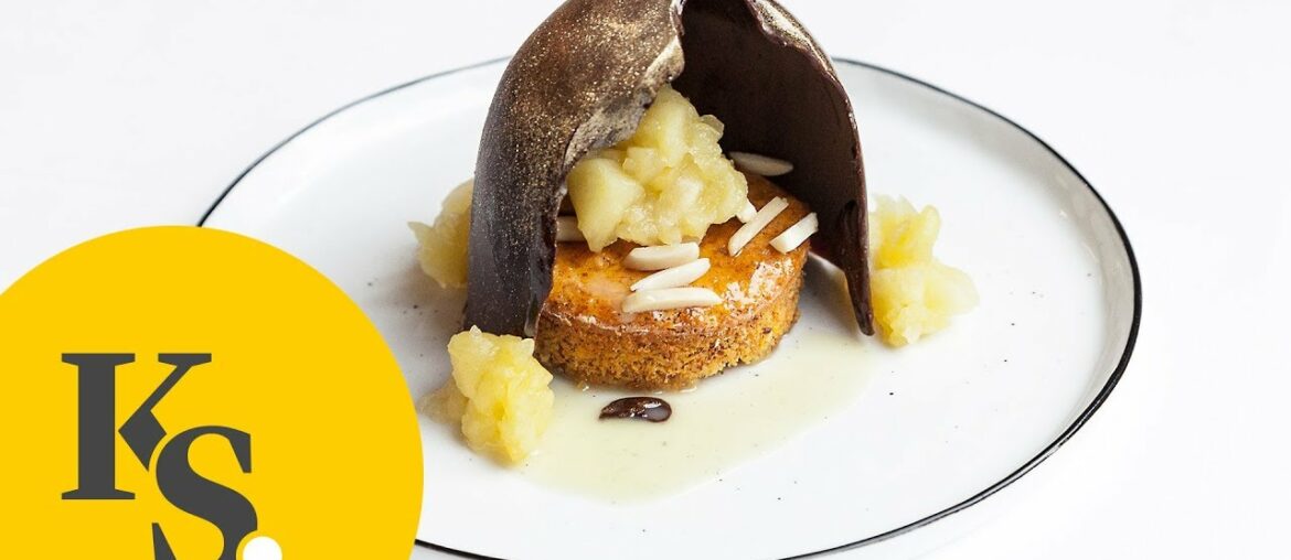 Mini carrot cakes with stewed apples and chocolate eggshells | fine dining dessert Mini carrot cakes with stewed apples and chocolate eggshells | fine dining dessert