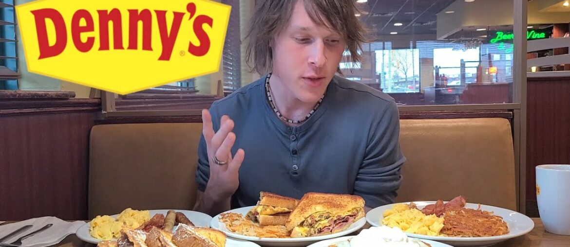 Denny's Dine-In Breakfast | Cinnamon Roll Pancakes, French Toast, Grand Slamwich | MUKBANG